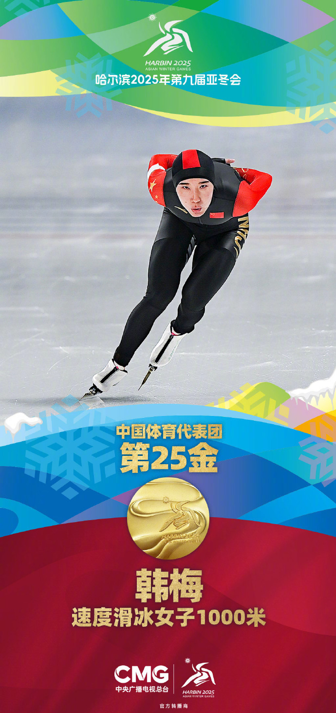 第25金到手！韩梅在哈尔滨亚冬会速度滑冰女子